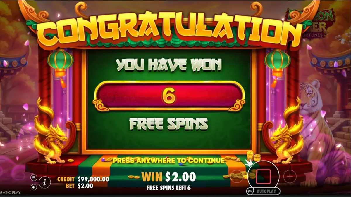 Tampilan visual slot Dragon Tiger Fortunes dengan tema oriental yang megah